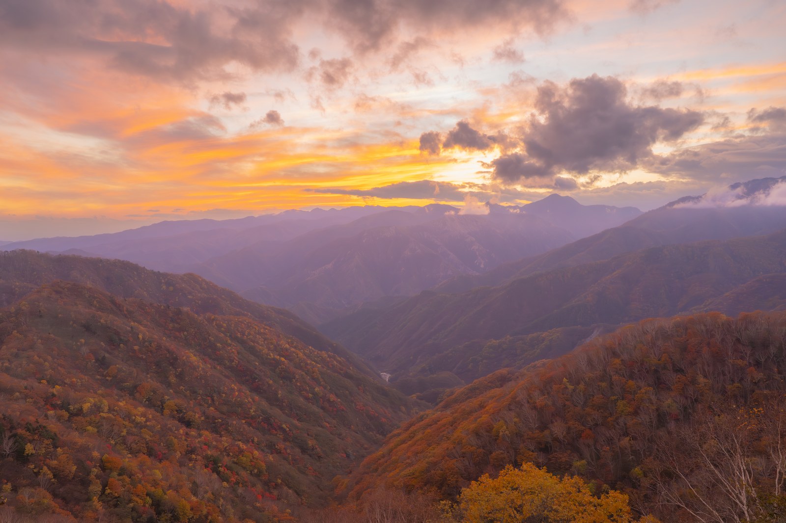 半月山展望台から望む、茜と紫に染まる夕焼け空と層をなして連なる山並み、眼下に広がる紅葉