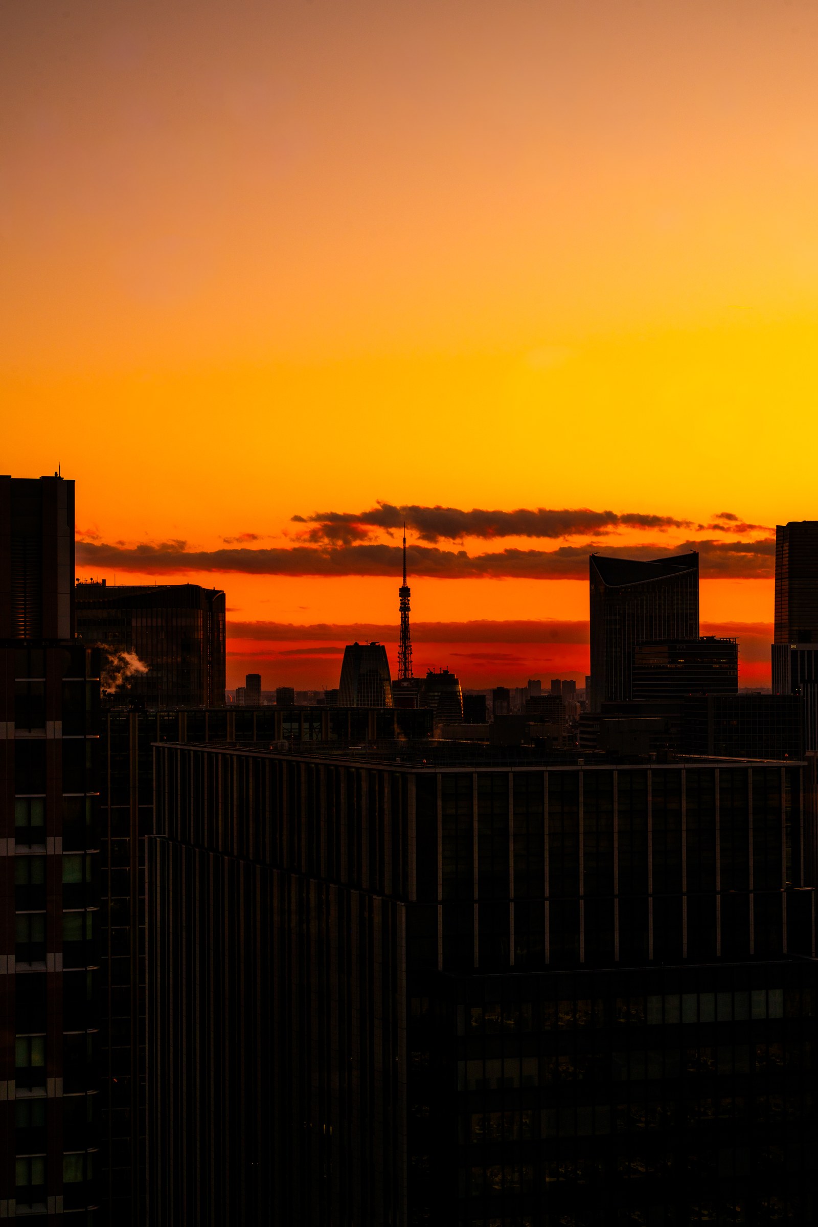 Tokyo Tower standing against the madder-red dusk sky, in a canyon of Marunouchi high-rises