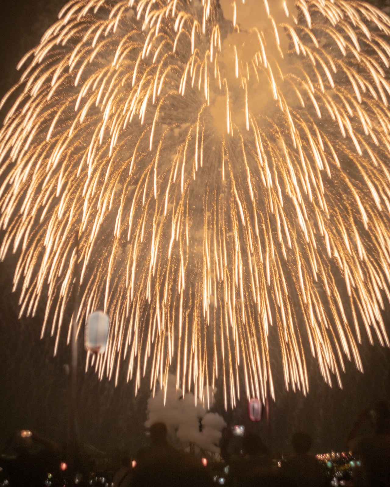 A vast golden shosanshakudama shell filling the night sky over the Shinano River in Nagaoka