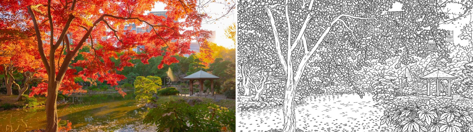 Sample spread: the photograph of Hibiya Park on the left, its line drawing on the right