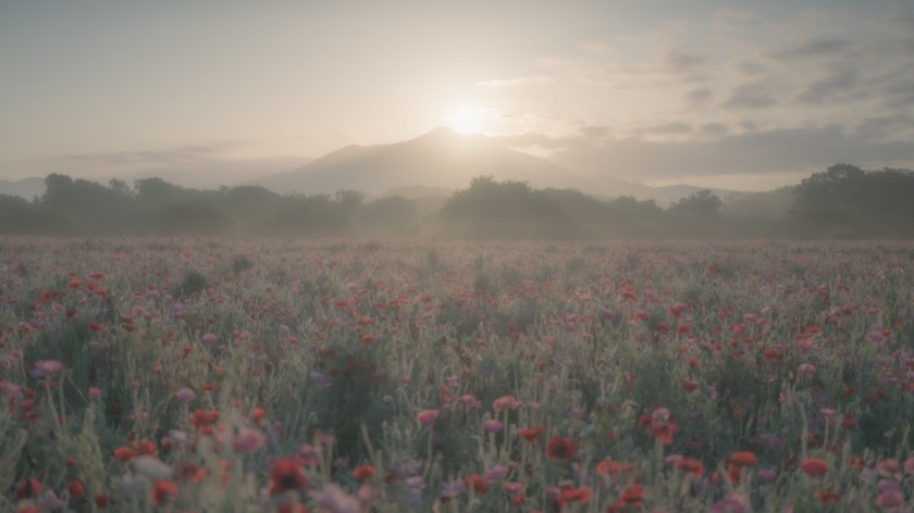 Diamond Tsukuba over the poppy fields of the Kokaigawa (Ibaraki) with preset 22 Morning Mist