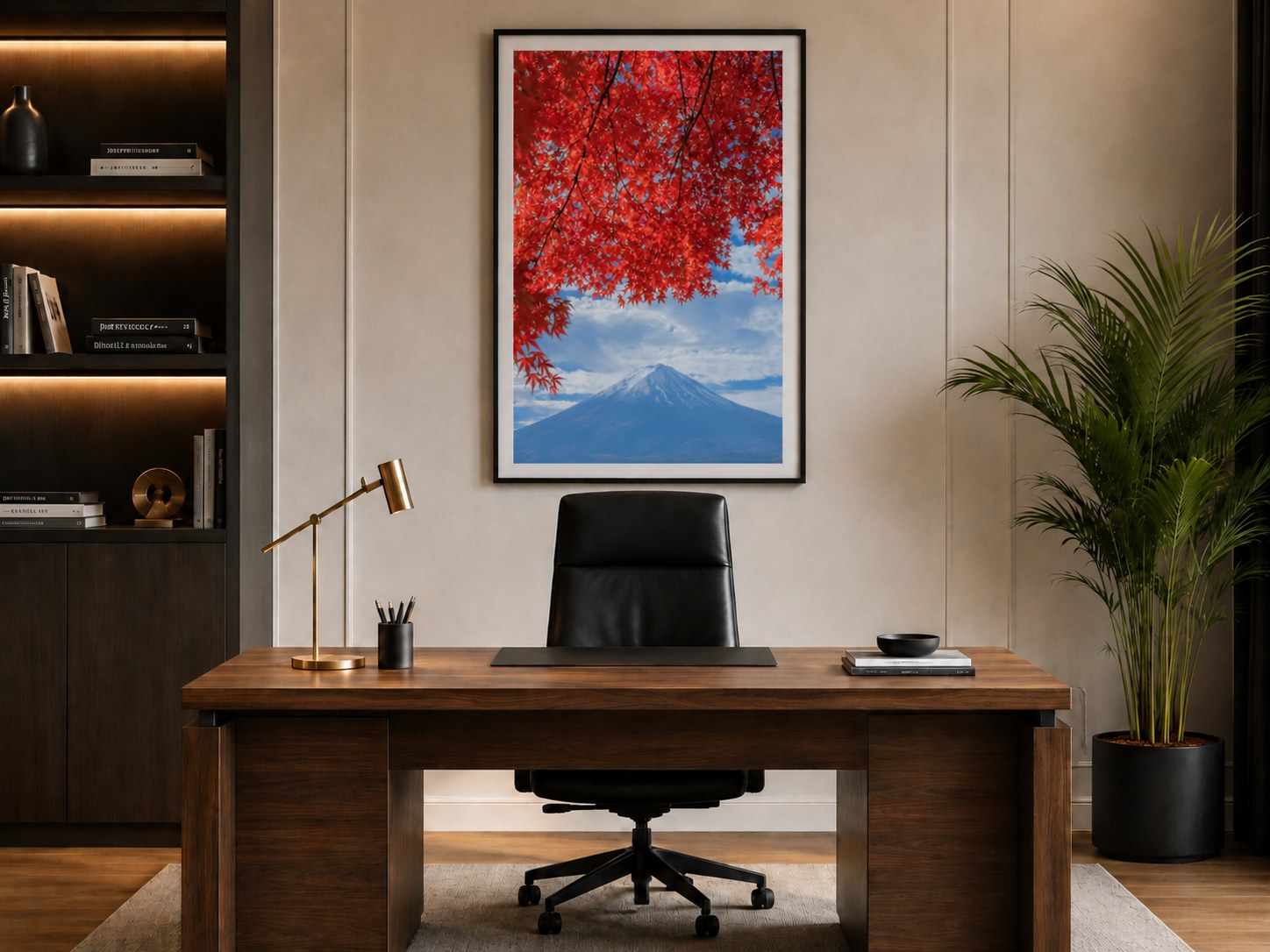 A4 print on the office desk — Mt. Fuji & autumn maple