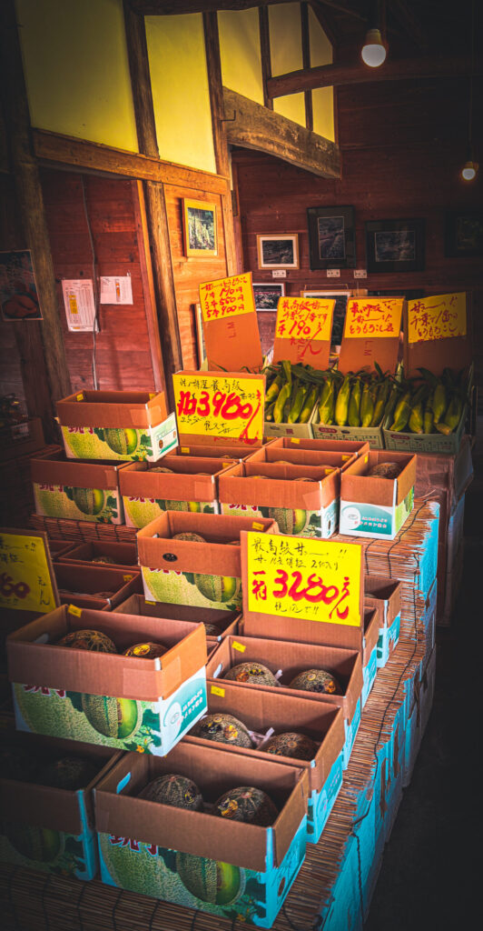 服部農園の直売所に並ぶメロンと地元野菜
Melons and local vegetables displayed at Hattori Garden’s farm shop
