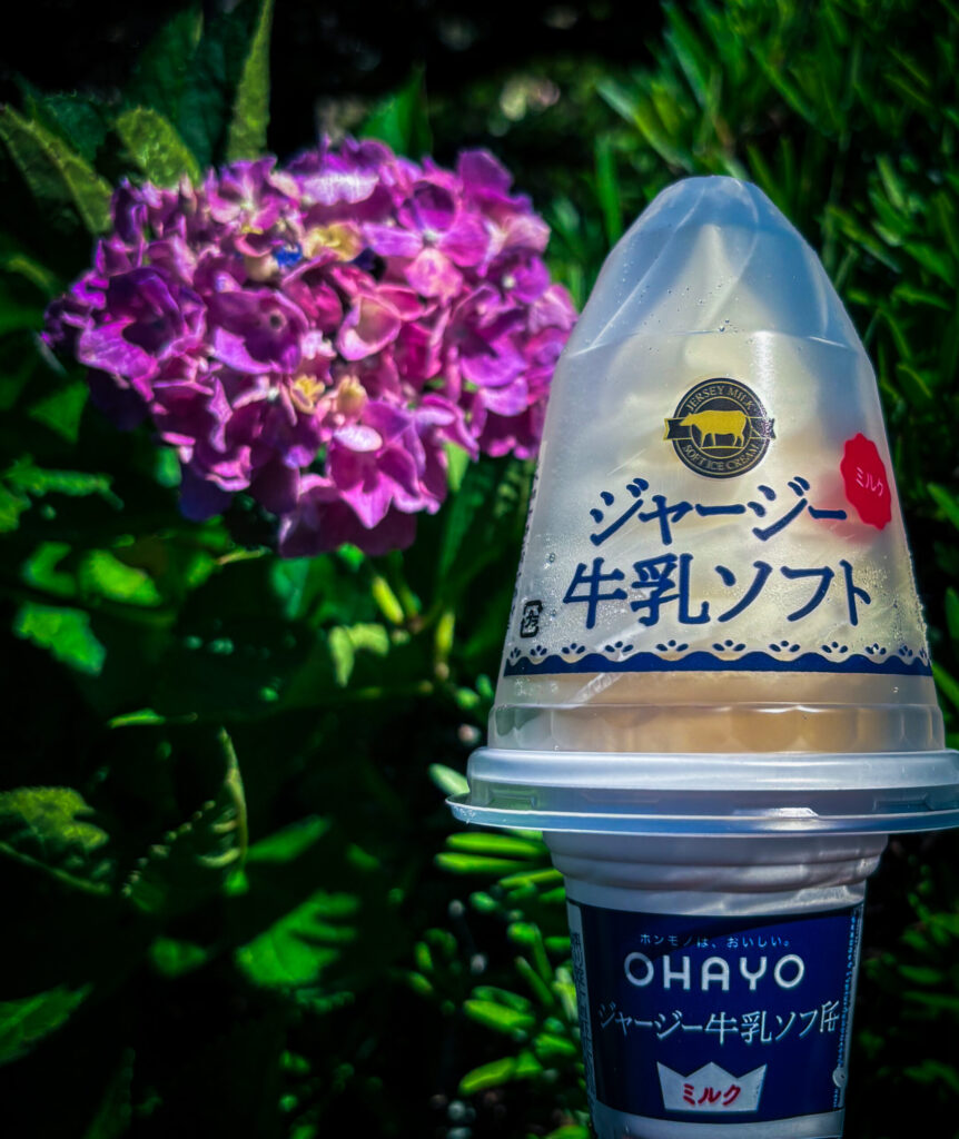 紫陽花を背景にしたご当地ソフトクリーム
Local soft-serve ice cream with hydrangeas in the background
