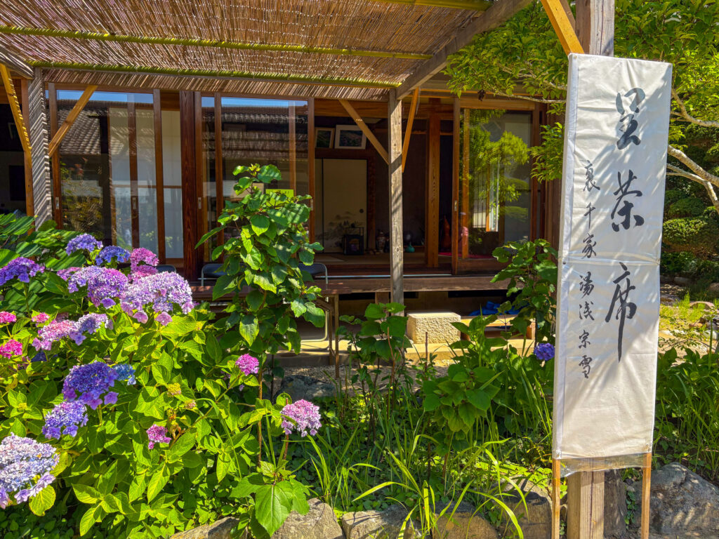 紫陽花に囲まれたお茶席の外観
Exterior of a teahouse surrounded by blooming hydrangeas