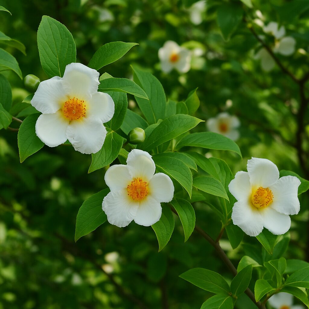 初夏に咲くシャラ椿（夏椿）の白い花が緑の葉の中に映える自然の風景 White summer camellia (Shara-tsubaki) flowers blooming among green foliage in early summer
