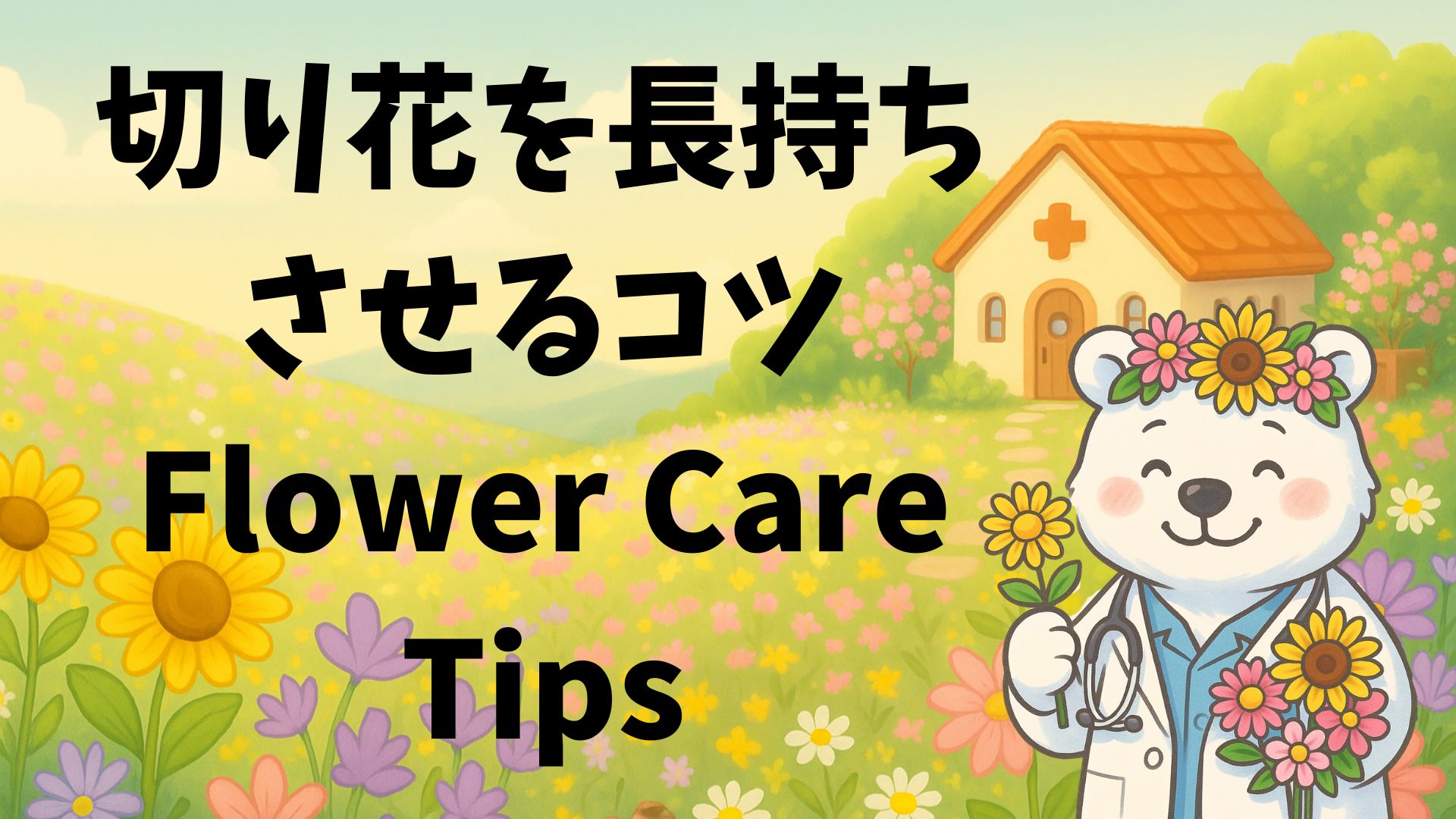 切り花を長持ちさせるコツ｜Flower Care Tips with a cute doctor bear holding flowers