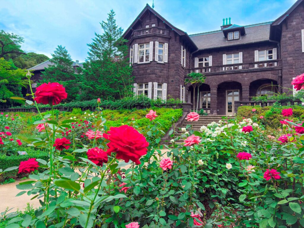 旧古河庭園の洋館を背景に、色とりどりのバラが咲き誇る春のローズガーデンの風景
Roses blooming at the front facade of mansion at Kyu-Furukawa Gardens