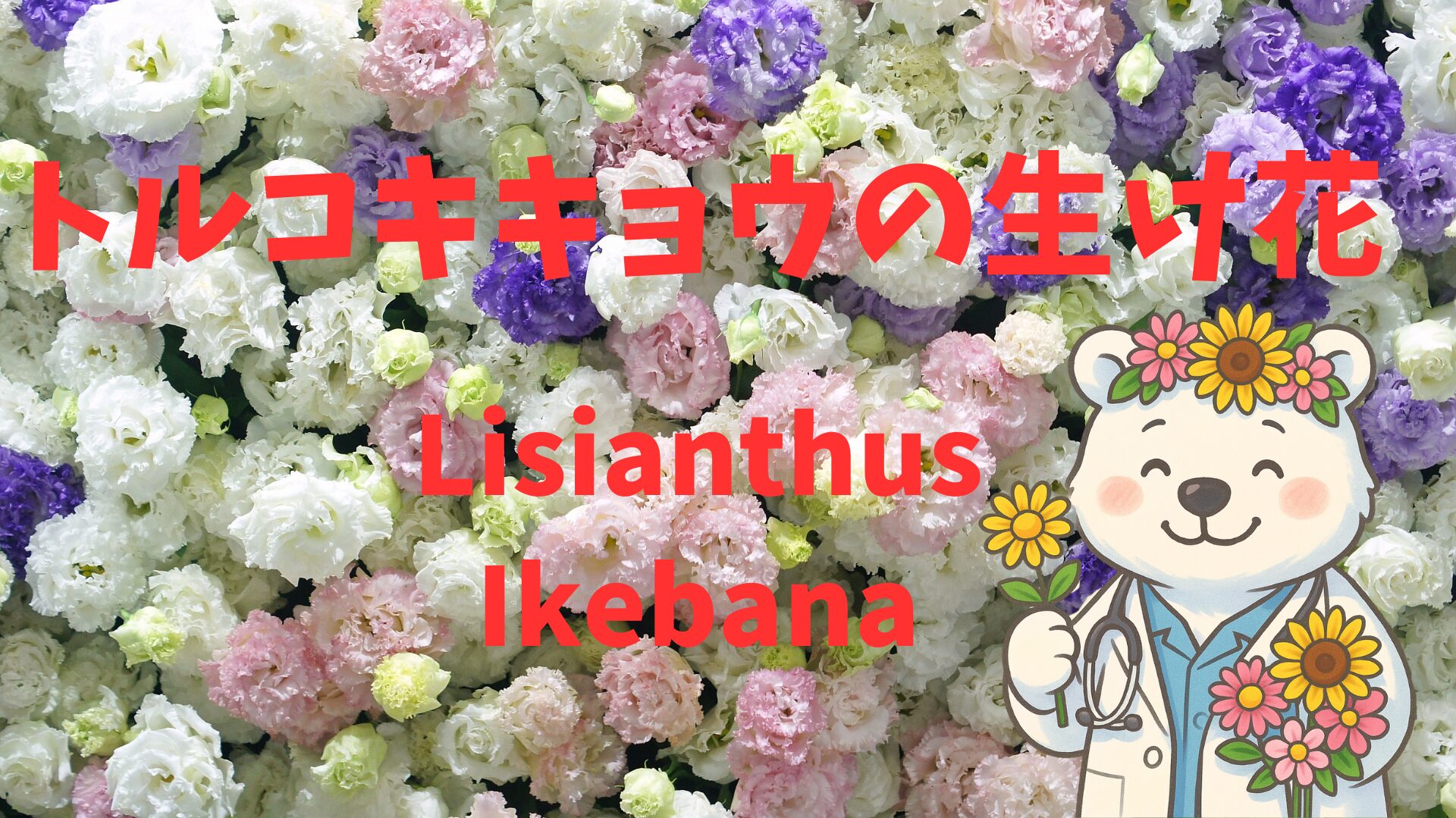 ピンク・紫・白のトルコキキョウが敷き詰められた横長構図の華やかなフラワーウォール。生け花とフラワーアレンジメントの融合を象徴するアイキャッチ画像。