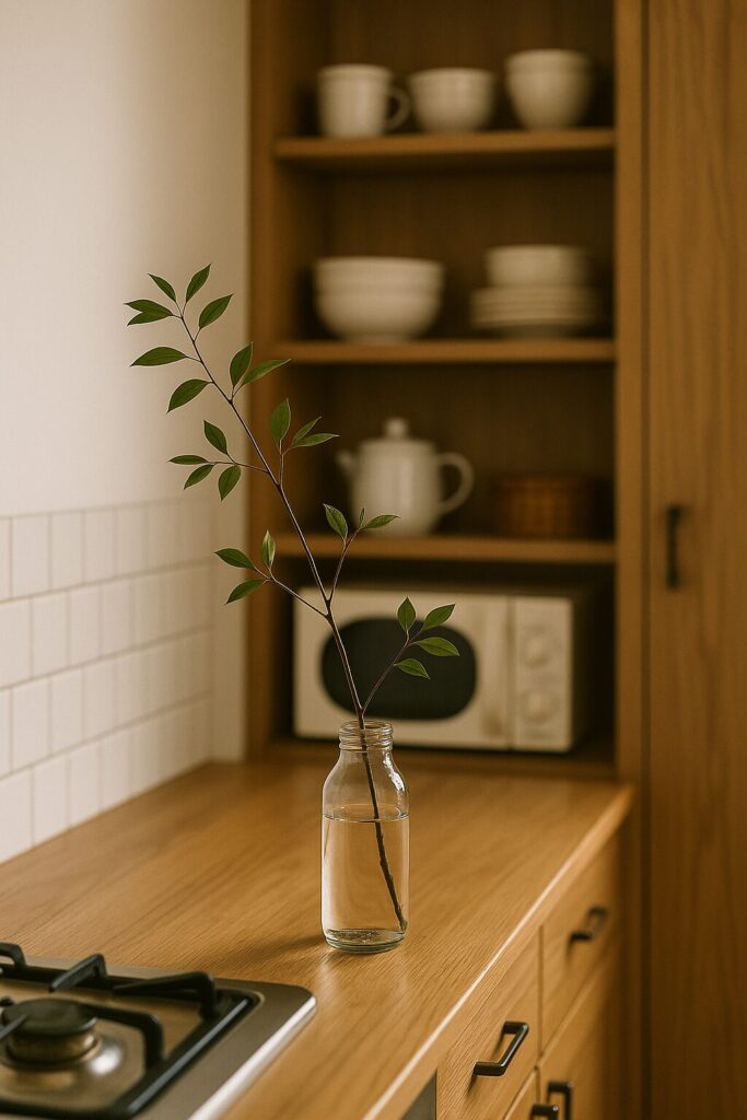 キッチンのカウンターに飾られたドウダンツツジの枝(空き瓶の一輪挿し) / A branch of Enkianthus arranged in a glass bottle on a kitchen counter