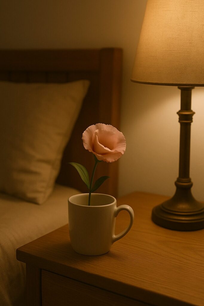 ベッドサイドの木製テーブルに置かれたマグカップの一輪挿し(トルコキキョウ)と読書灯 / A pink eustoma in a mug beside a reading lamp on a wooden bedside table at night