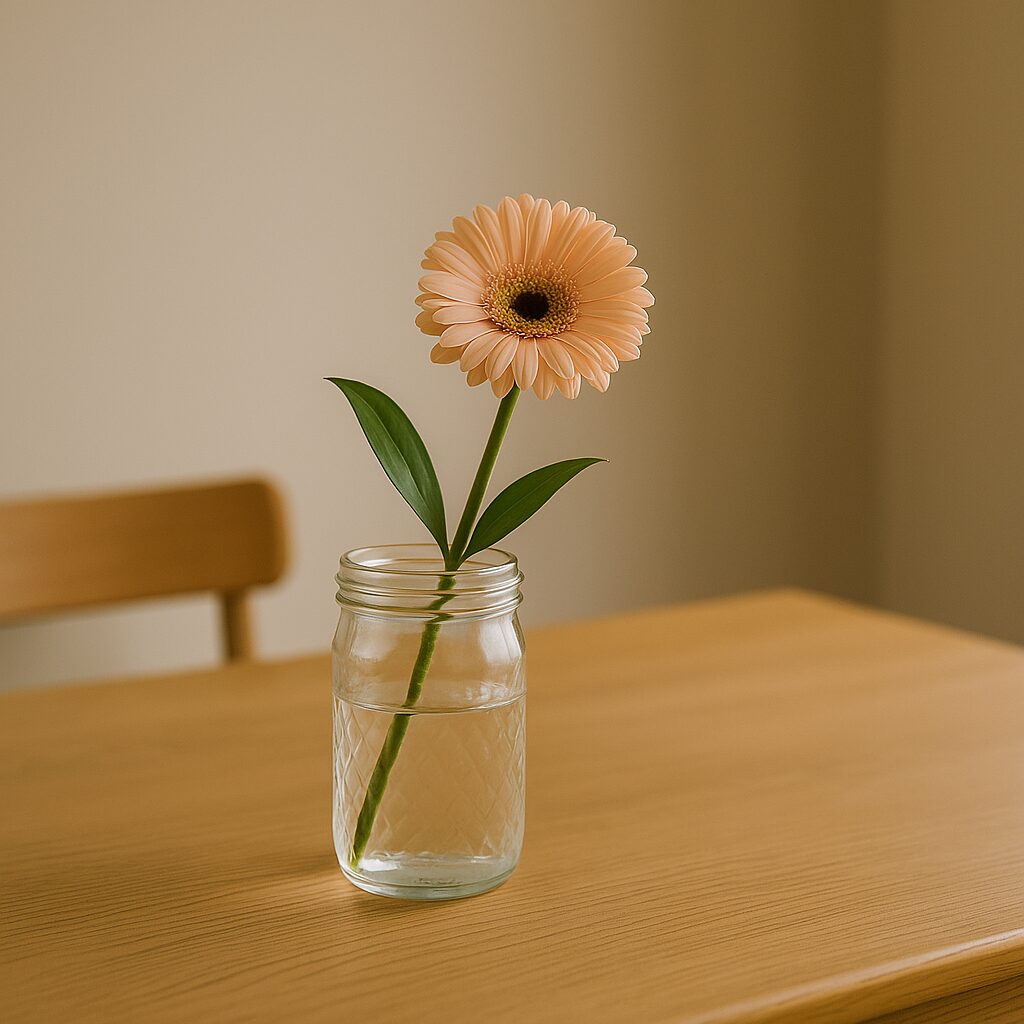 木製テーブルの上に置かれたガーベラの一輪挿し(ガラス瓶) / A single gerbera daisy in a glass jar on a wooden table