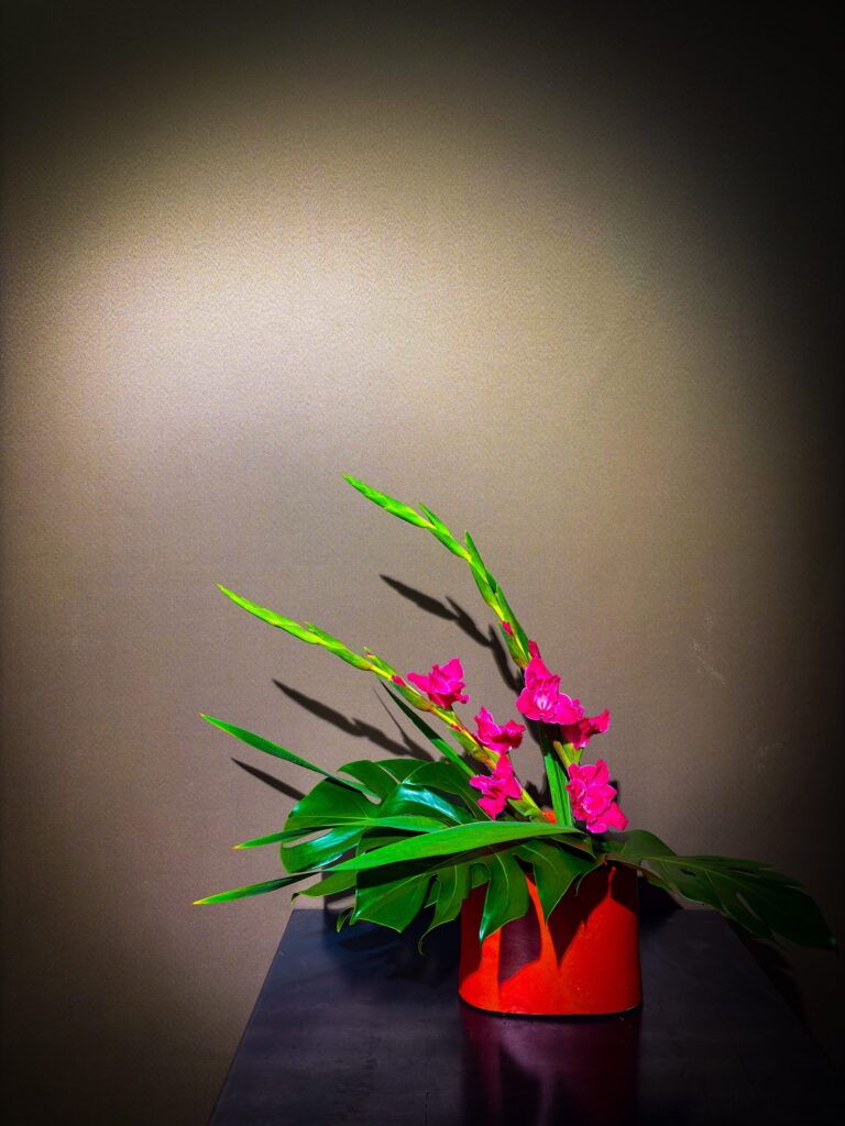 グラジオラスとモンステラを使った初夏の生け花作品(正面) Ikebana arrangement with gladiolus and monstera for early summer (front view)