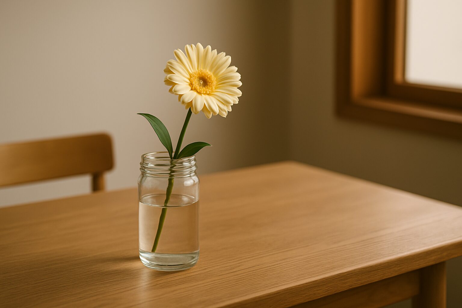 横長の木製テーブルに飾られた黄色いガーベラの一輪挿し（ガラス瓶） / A single yellow gerbera in a glass jar on a wide wooden table