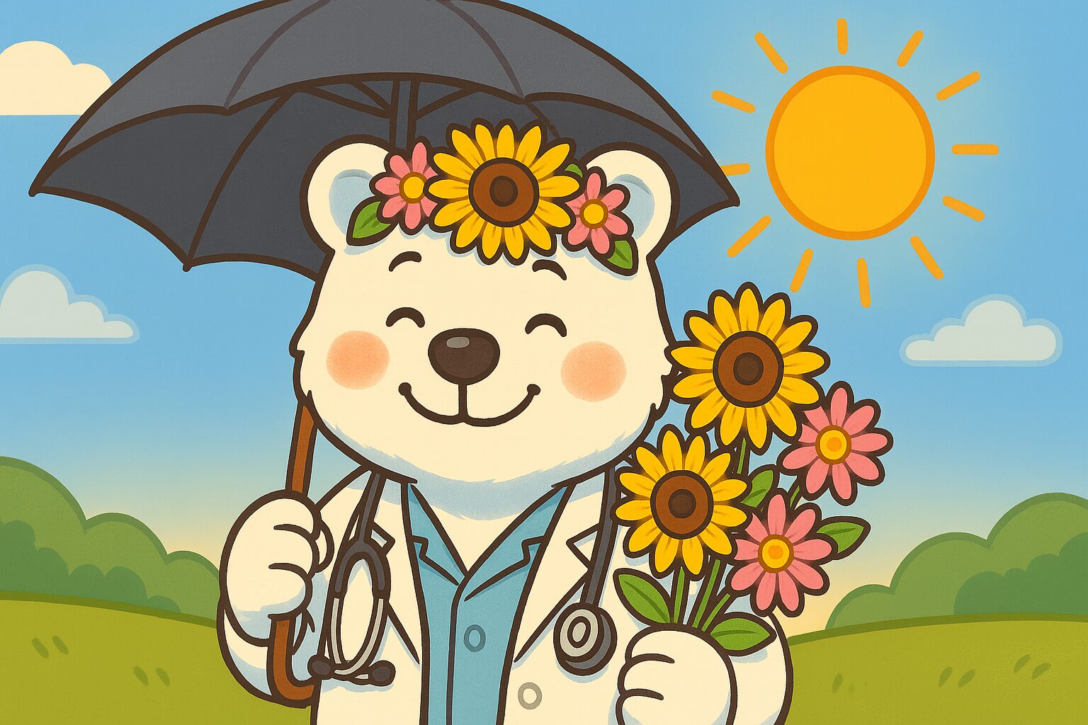 A cute doctor bear holding a sunshade and sunflowers under the summer sun.