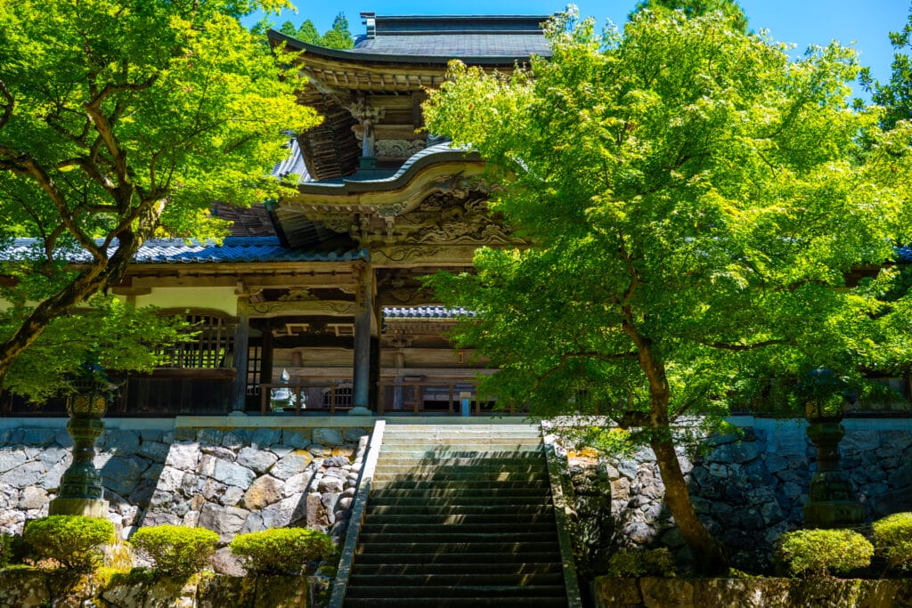 永平寺の山門と石段。新緑に包まれた木造建築の美しい佇まい
