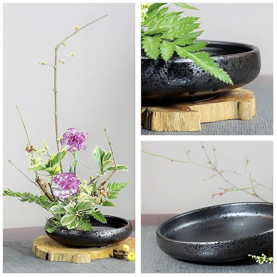 Ikebana Starter Kit with shallow black vase and sample Japanese flower arrangement for beginners