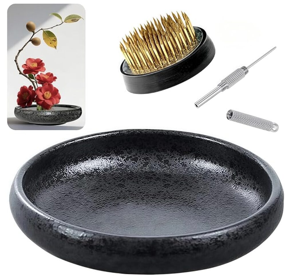 Ikebana Starter Kit with shallow vase, kenzan flower frog, and tools for Japanese flower arranging beginners